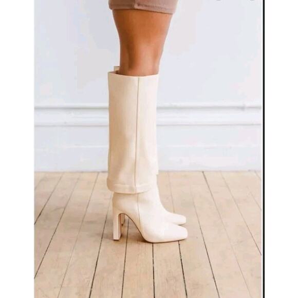 Lulus Shoes - Lulu's Lorlia Women's Almond Square Toe Knee High Fold Over Boots Size 8 Beige